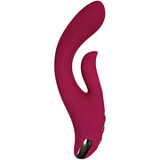 A pink dual motor silicone rabbit vibrator with a curved design.