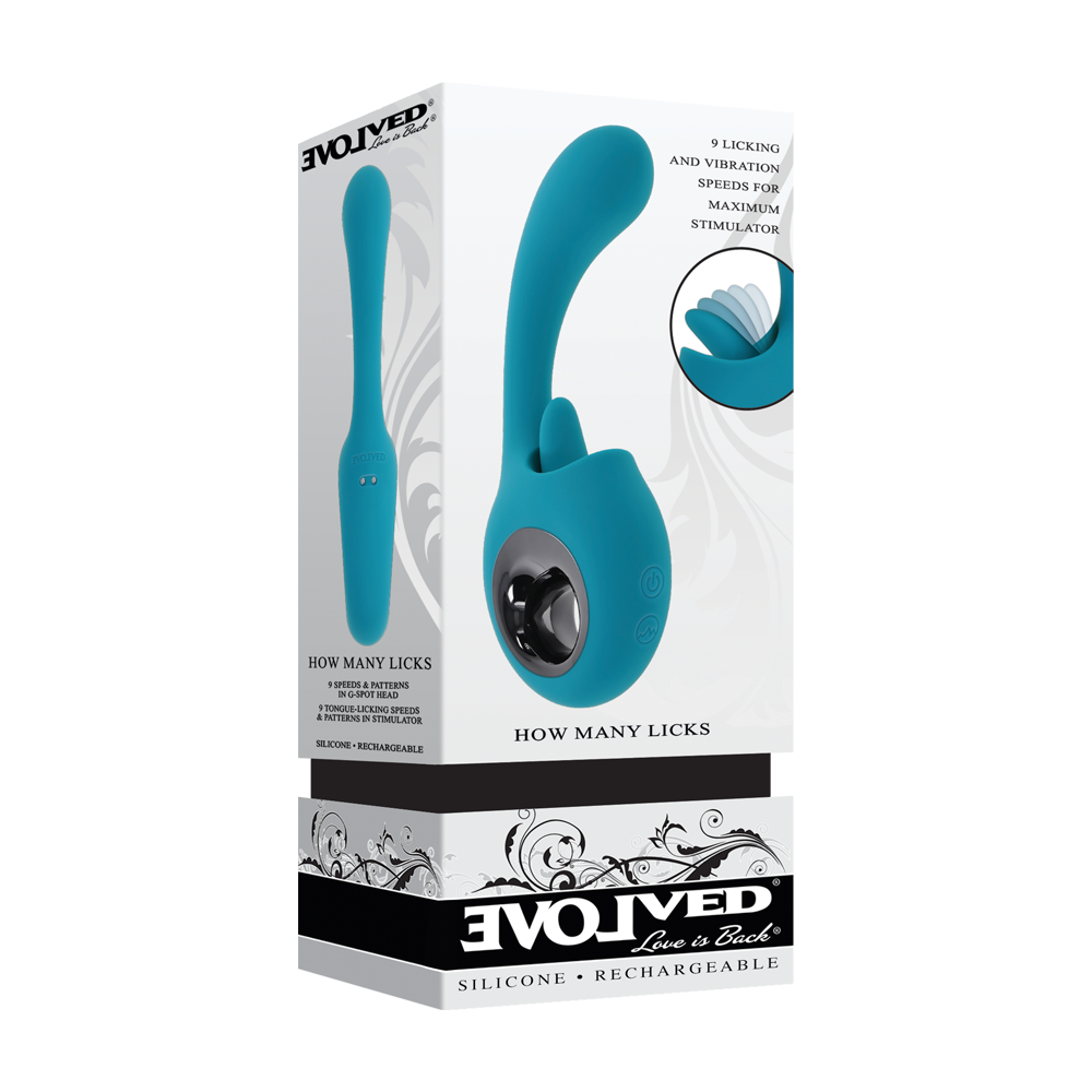 A teal silicone tongue-shaped vibrator with a G-spot stimulator.