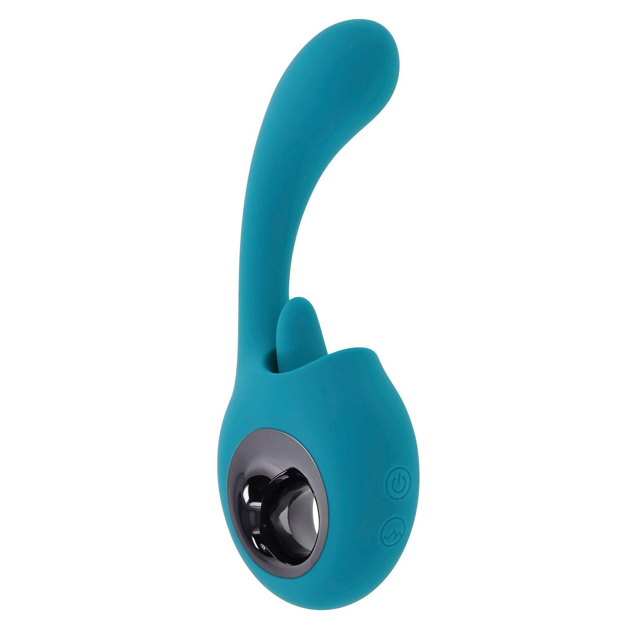 Teal silicone vibrator with a licking tongue and G-spot stimulation.