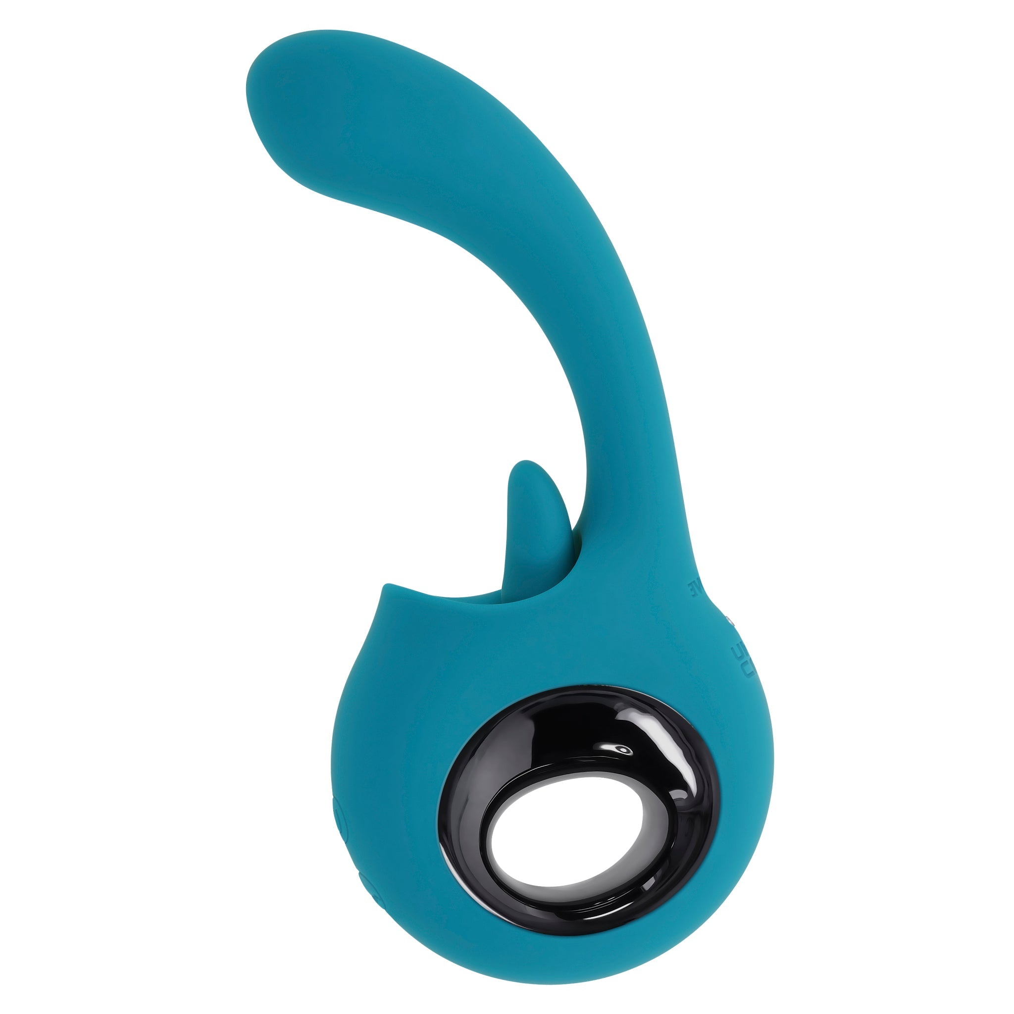 Teal silicone G-spot vibrator with a licking tongue attachment.