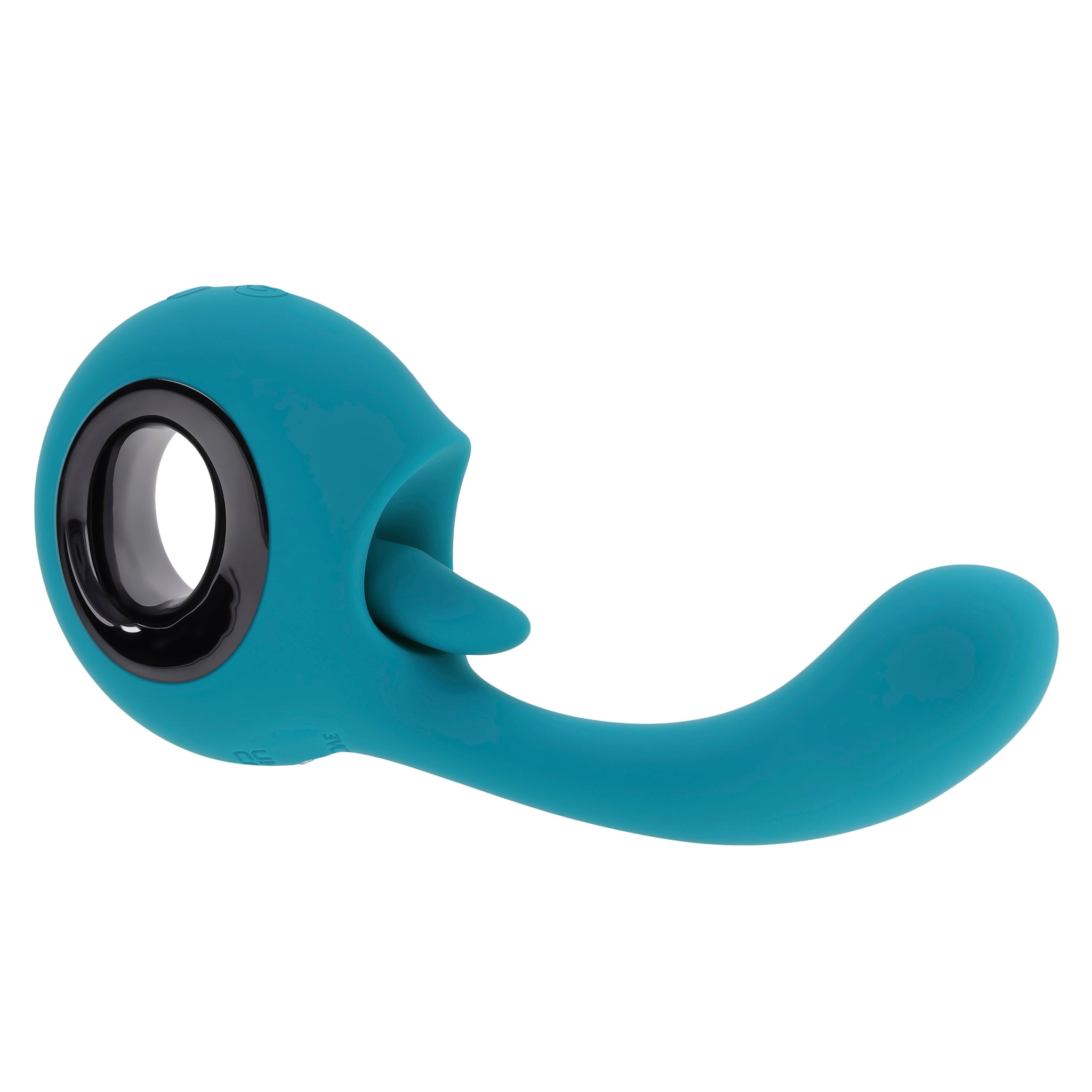 A teal silicone G-spot vibrator with a licking tongue attachment.