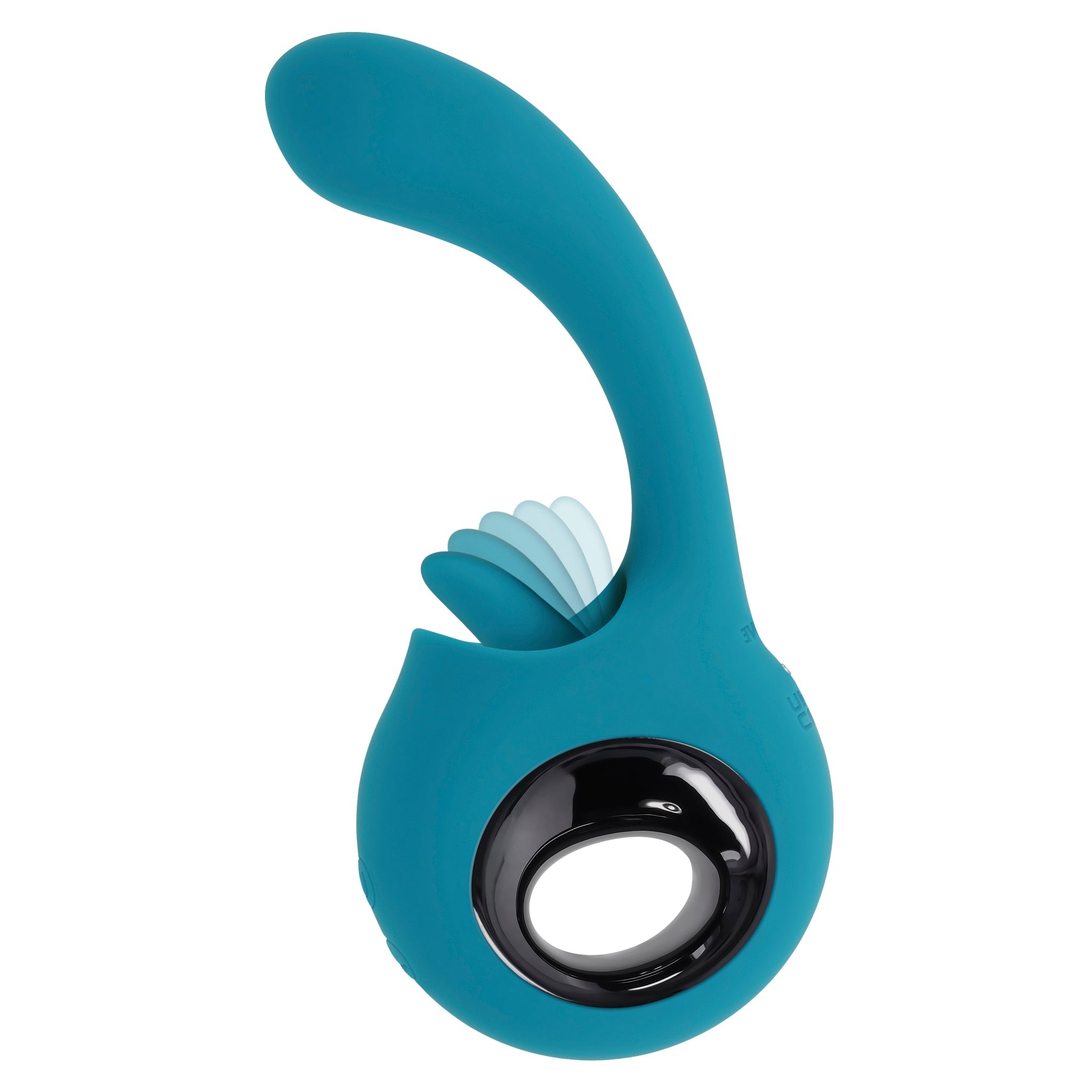 Teal silicone vibrator with a licking tongue and a circular opening.