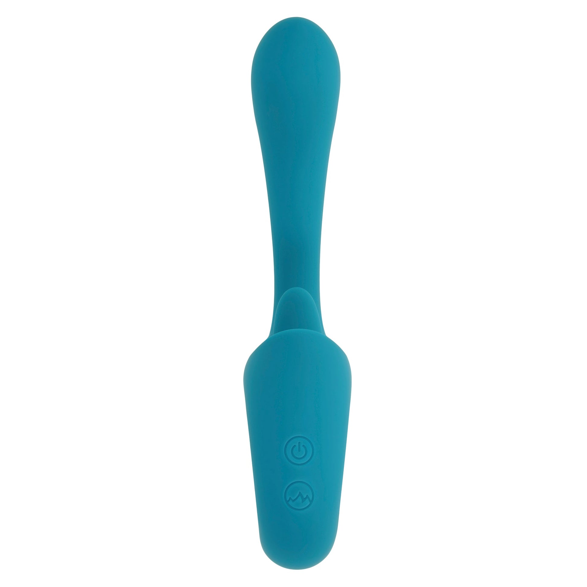 A teal silicone vibrator with a licking tongue shape and two control buttons.