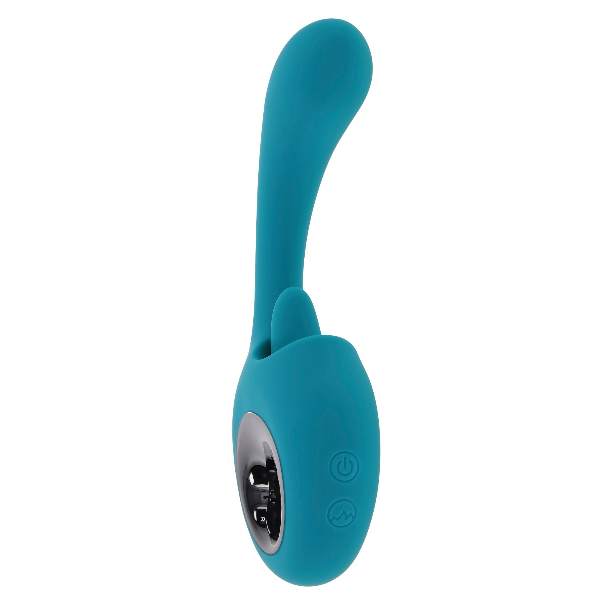 Teal silicone vibrator with a licking tongue attachment and two control buttons.