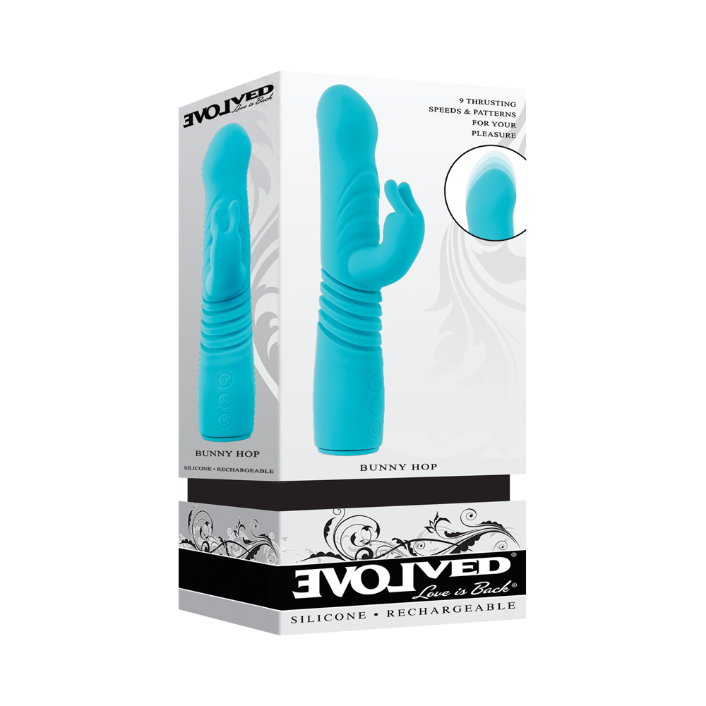 A teal silicone rabbit vibrator with ribbed texture and two ear-like stimulators.