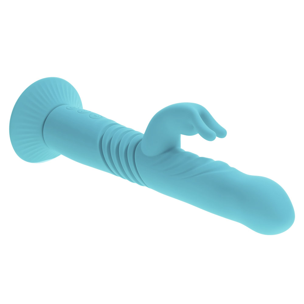 Turquoise thrusting rabbit vibrator with a suction cup base.