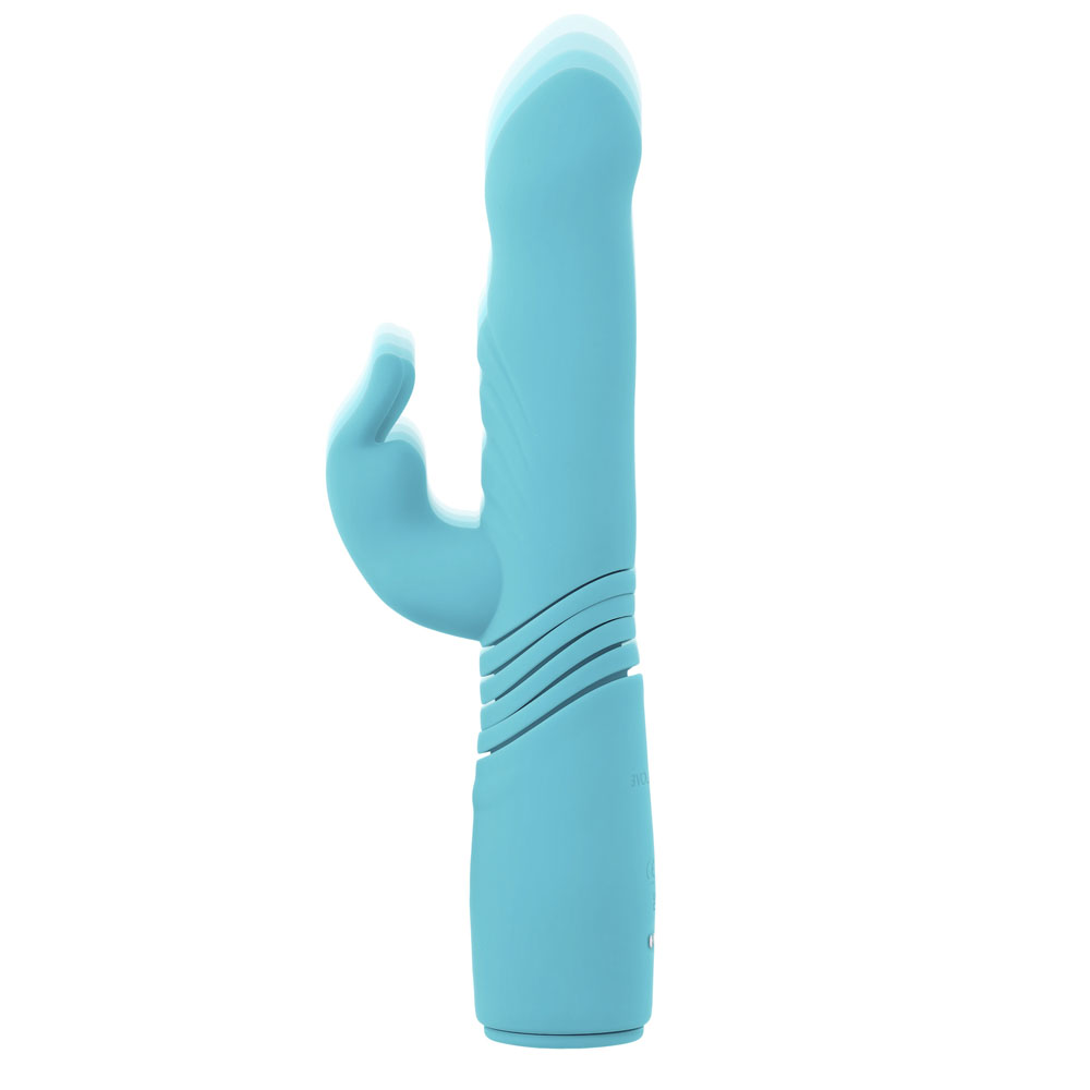 A teal rabbit vibrator with a suction cup base and blurred motion lines.