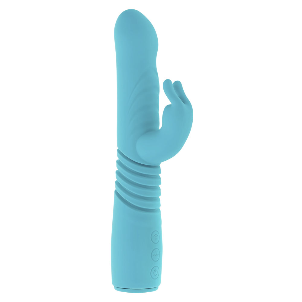 A teal rabbit vibrator with ribbed texture and control buttons.