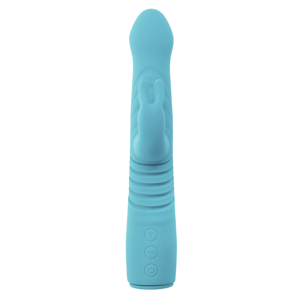 A teal rabbit vibrator with ribbed texture and control buttons.