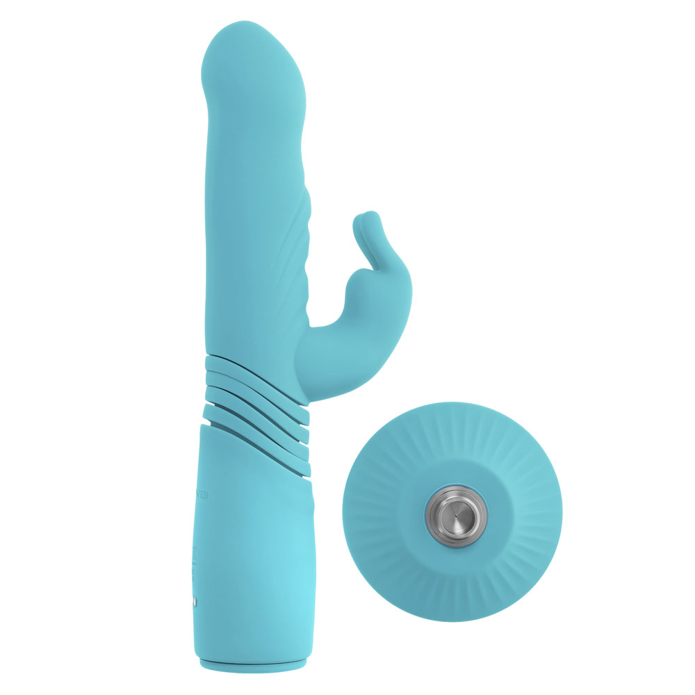 A blue rabbit vibrator with a suction cup base.