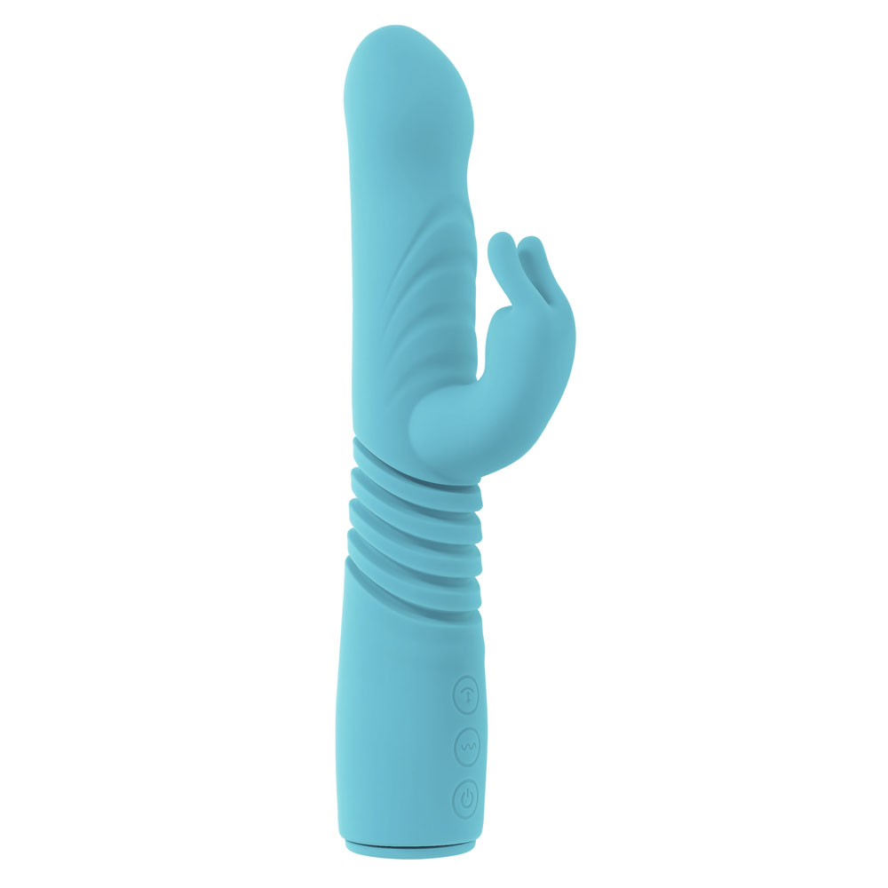 A teal rabbit vibrator with ribbed texture and control buttons.