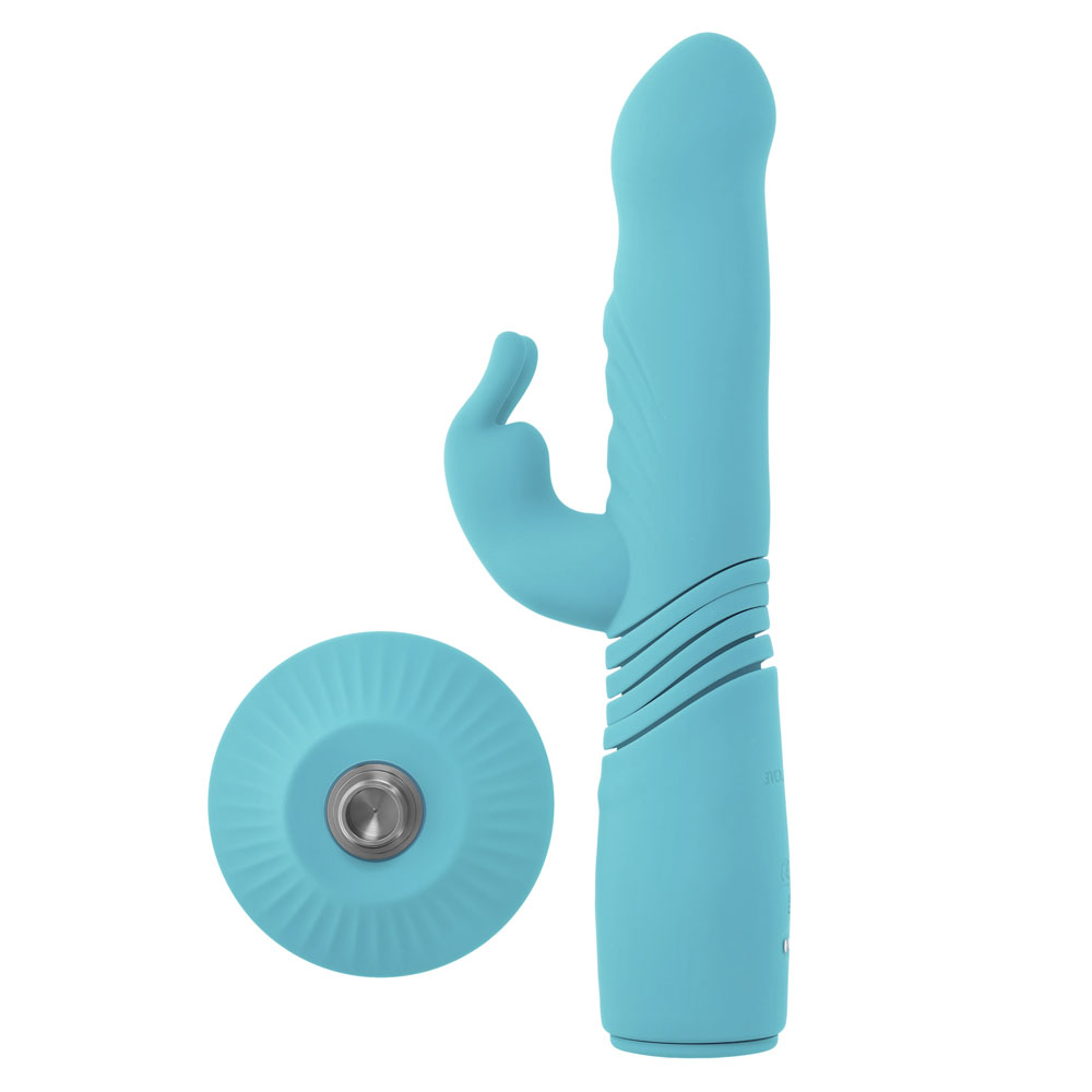 A teal rabbit vibrator with a suction cup base.