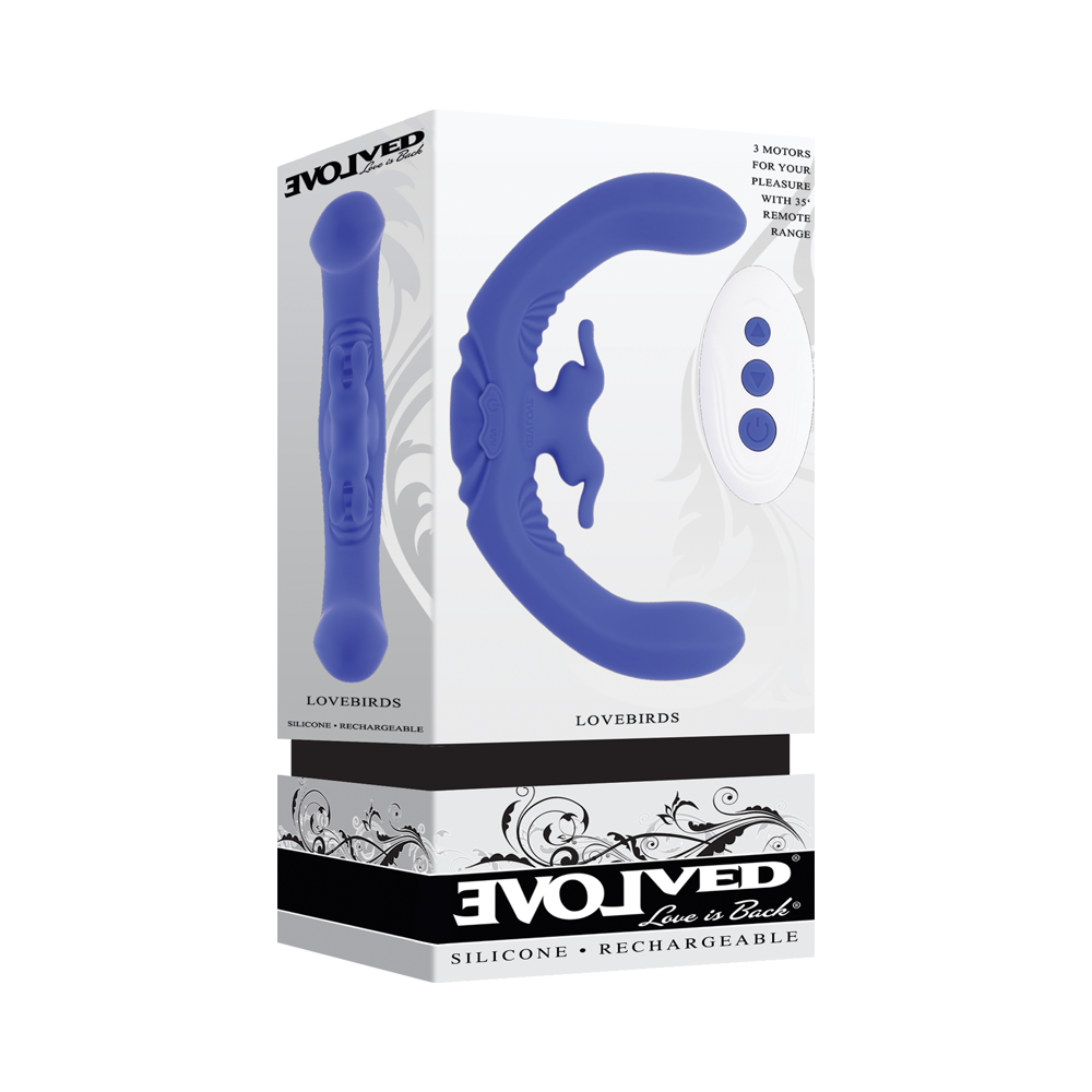 A blue dual rabbit vibrator with a remote control.