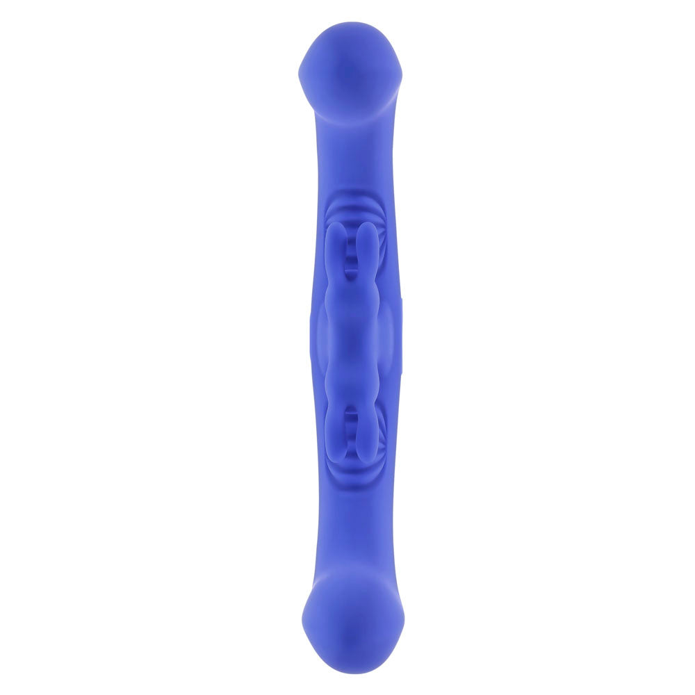 Blue dual rabbit vibrator with a rounded tip and textured middle.