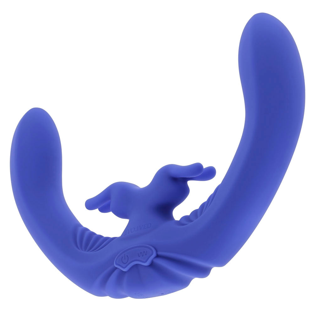 A purple dual rabbit vibrator with a curved body and a central rabbit stimulator.
