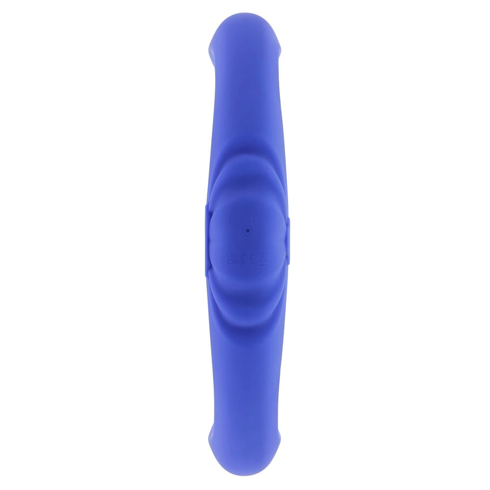 Blue dual rabbit vibrator with DC and CE markings.