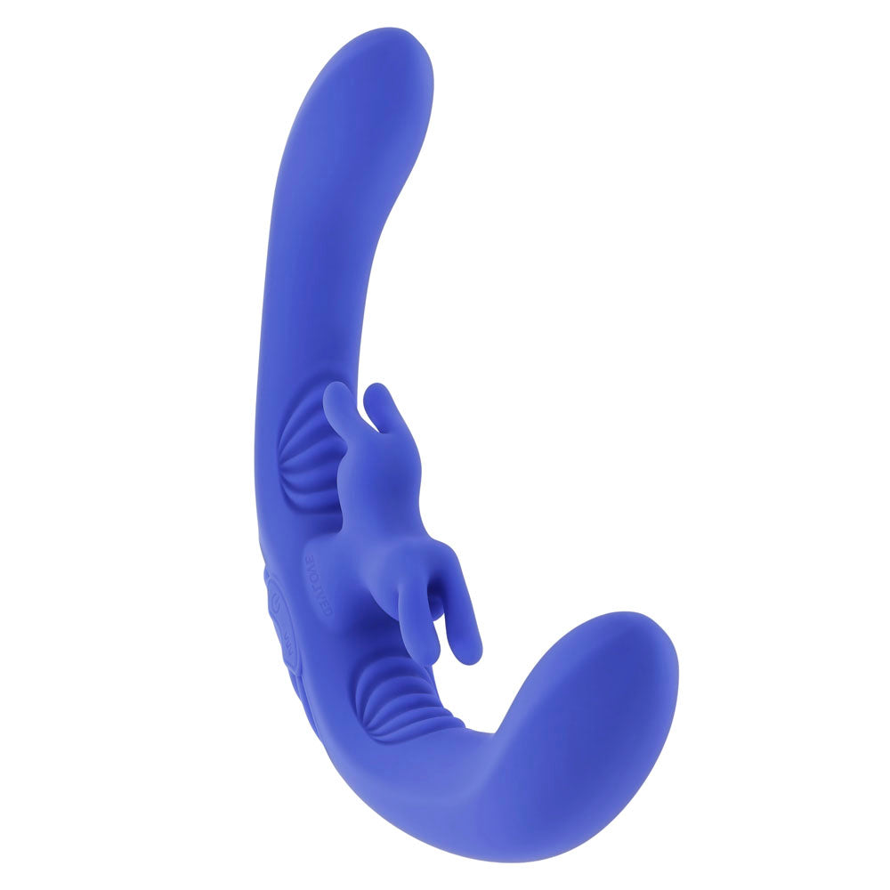 A blue dual rabbit vibrator with a curved body and textured stimulators.
