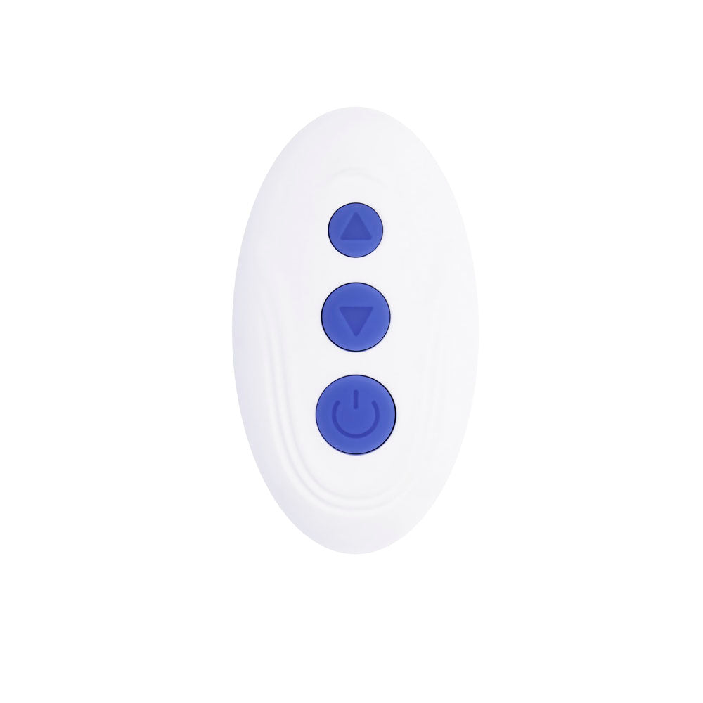 White oval remote control with three blue buttons: up arrow, down arrow, and power symbol.