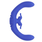 A blue dual rabbit vibrator with a curved body and a remote control.