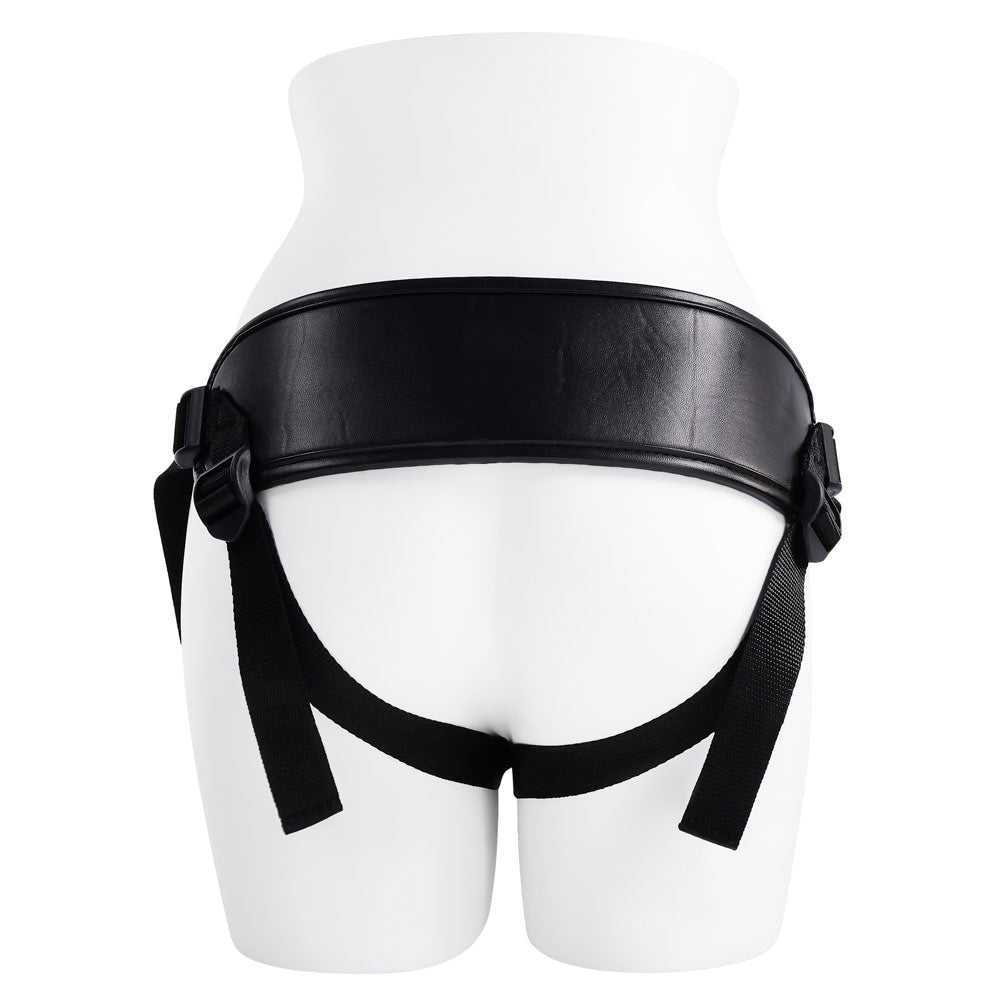 Black leather strap-on harness with adjustable straps.
