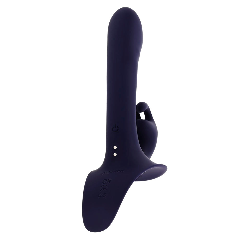 A purple triple-motor strap-on rabbit vibrator with a remote control.