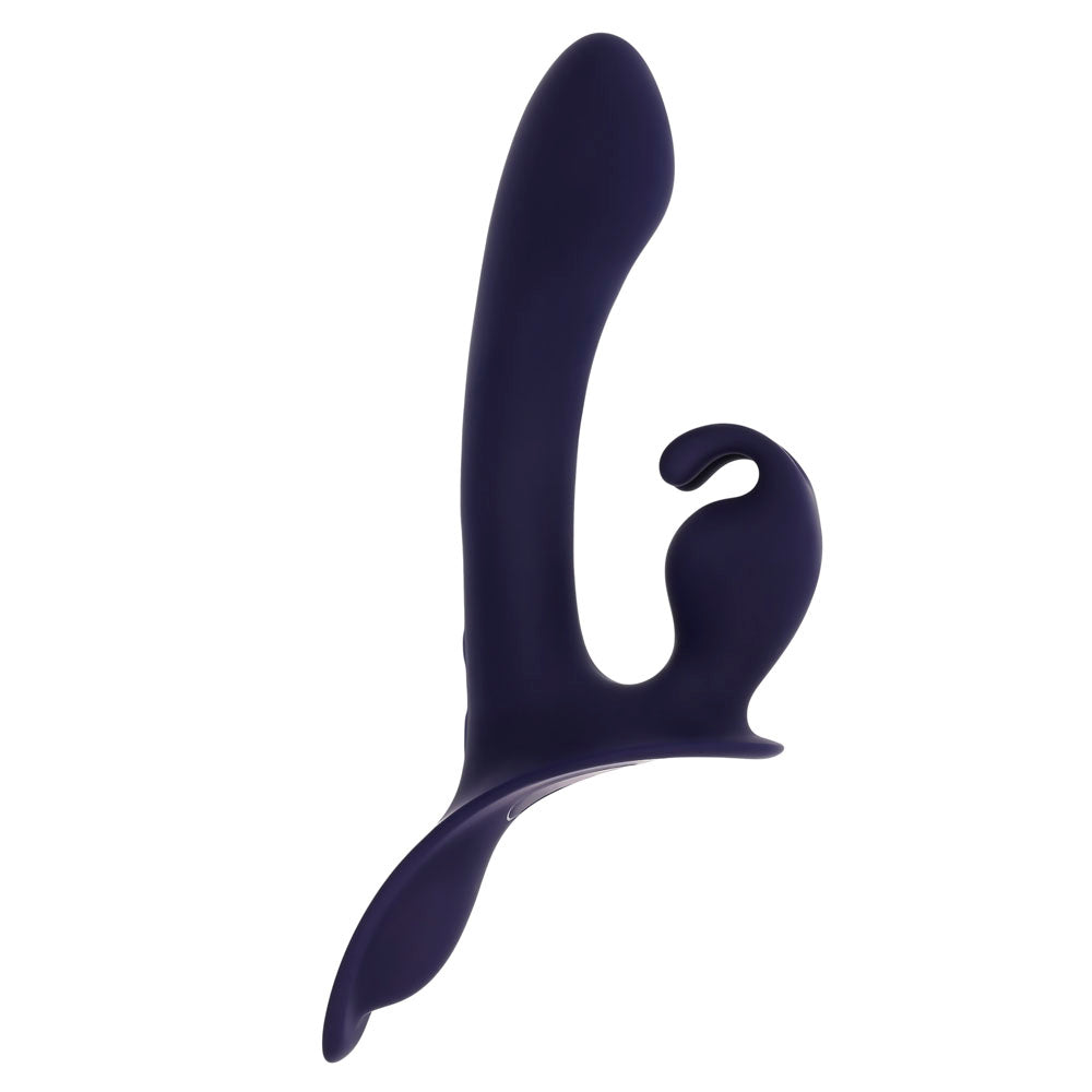 A purple triple-motor strap-on rabbit vibrator with a curved shaft and ear stimulator.