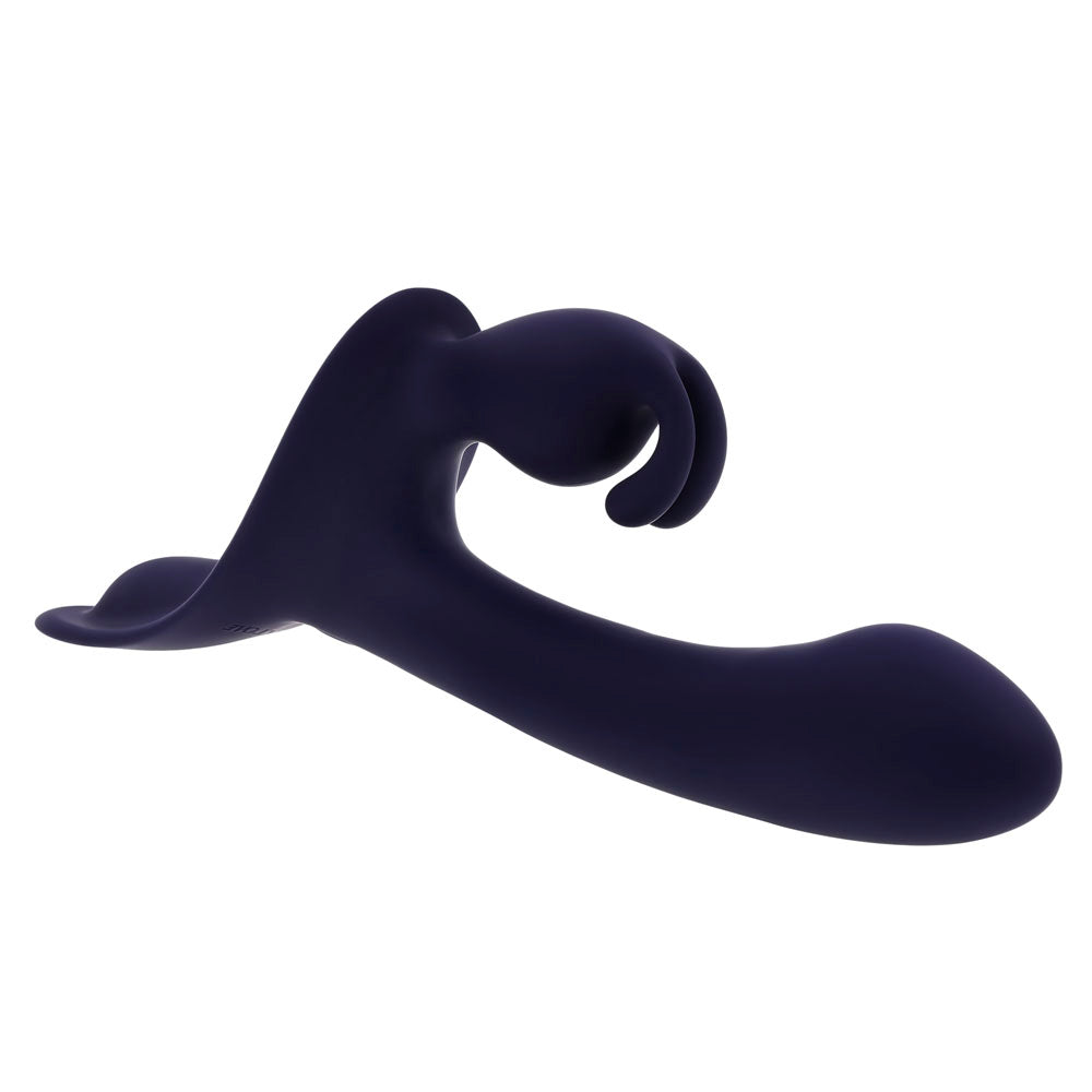 A dark purple, curved vibrator with a rabbit ear attachment.