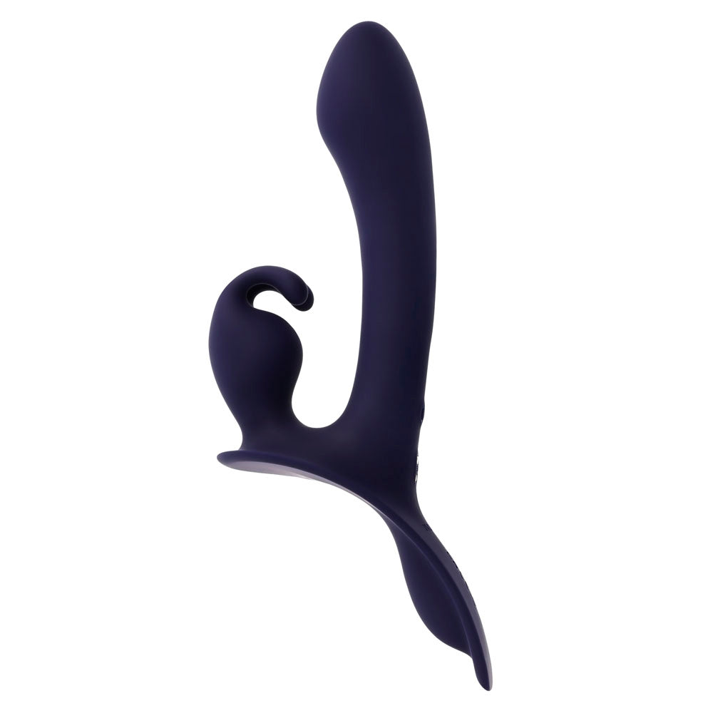 A purple triple-motor strap-on rabbit vibrator with a curved shaft and ear stimulator.