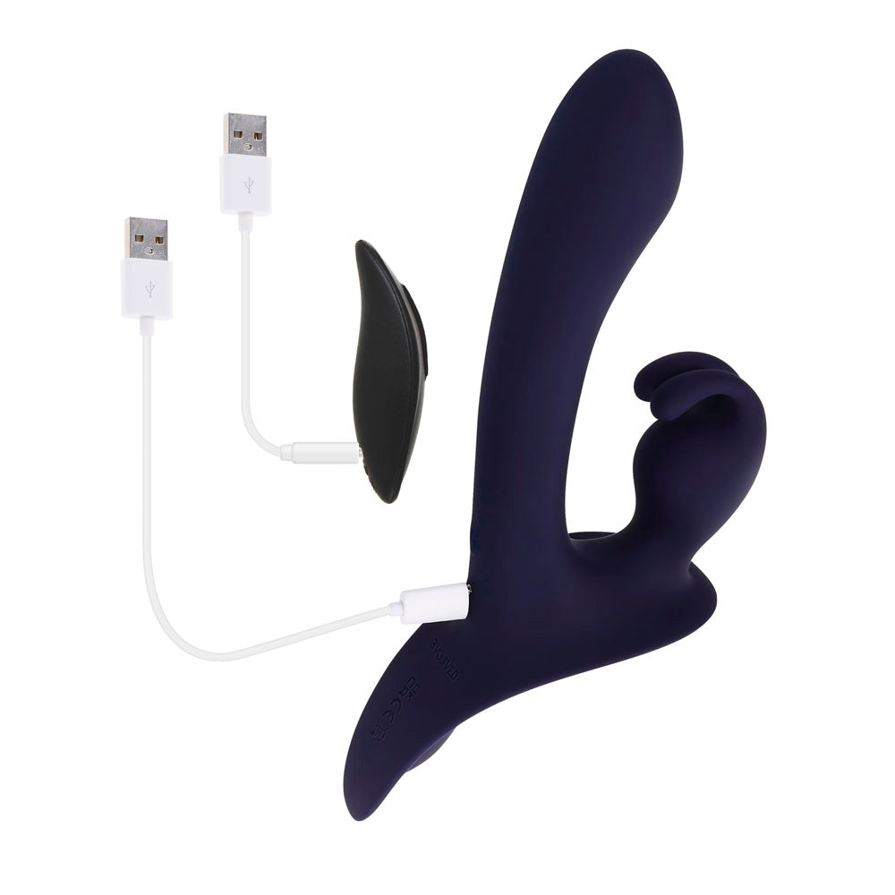 Purple triple-motor strap-on rabbit vibrator with USB charging cables.