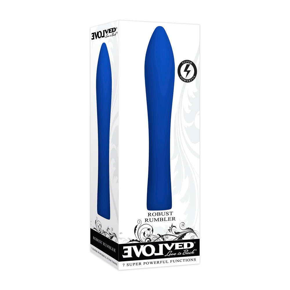 A blue vibrator in its packaging, labeled "Robust Rumbler".