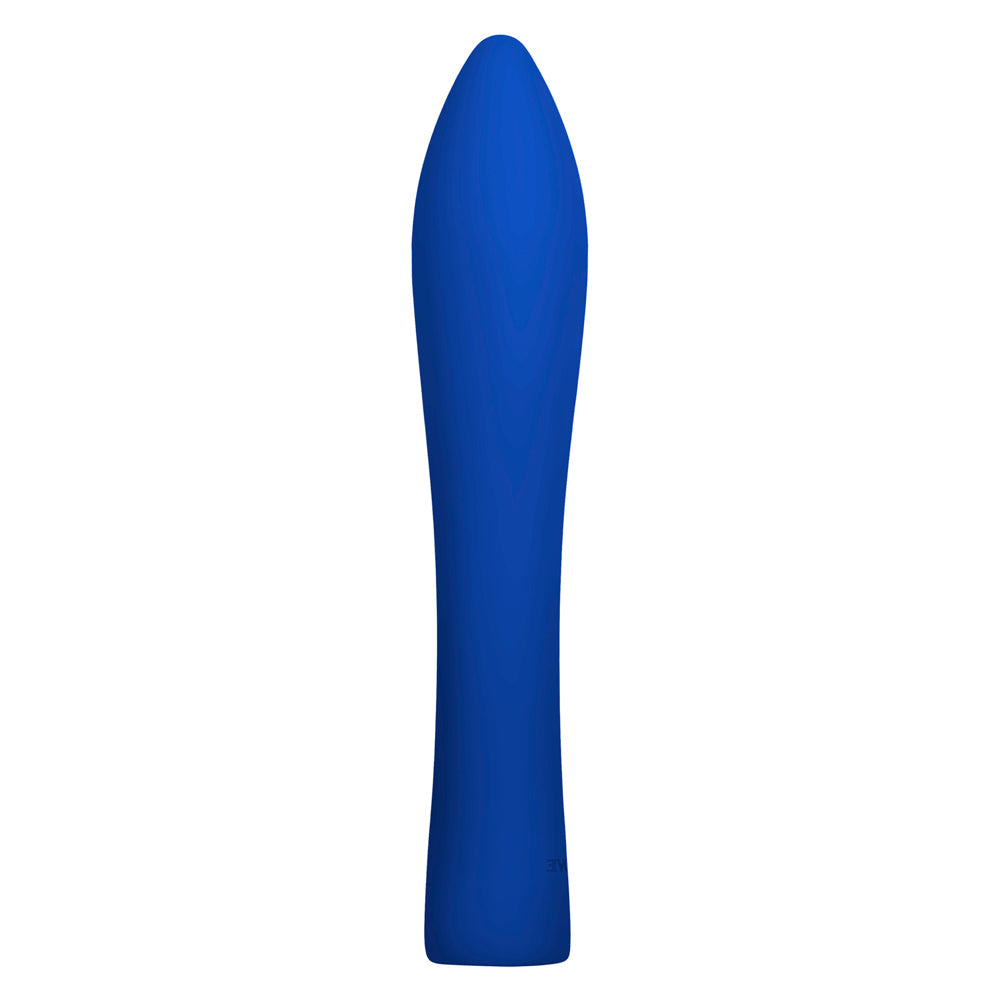 A blue, tapered silicone vibrator with a smooth finish.