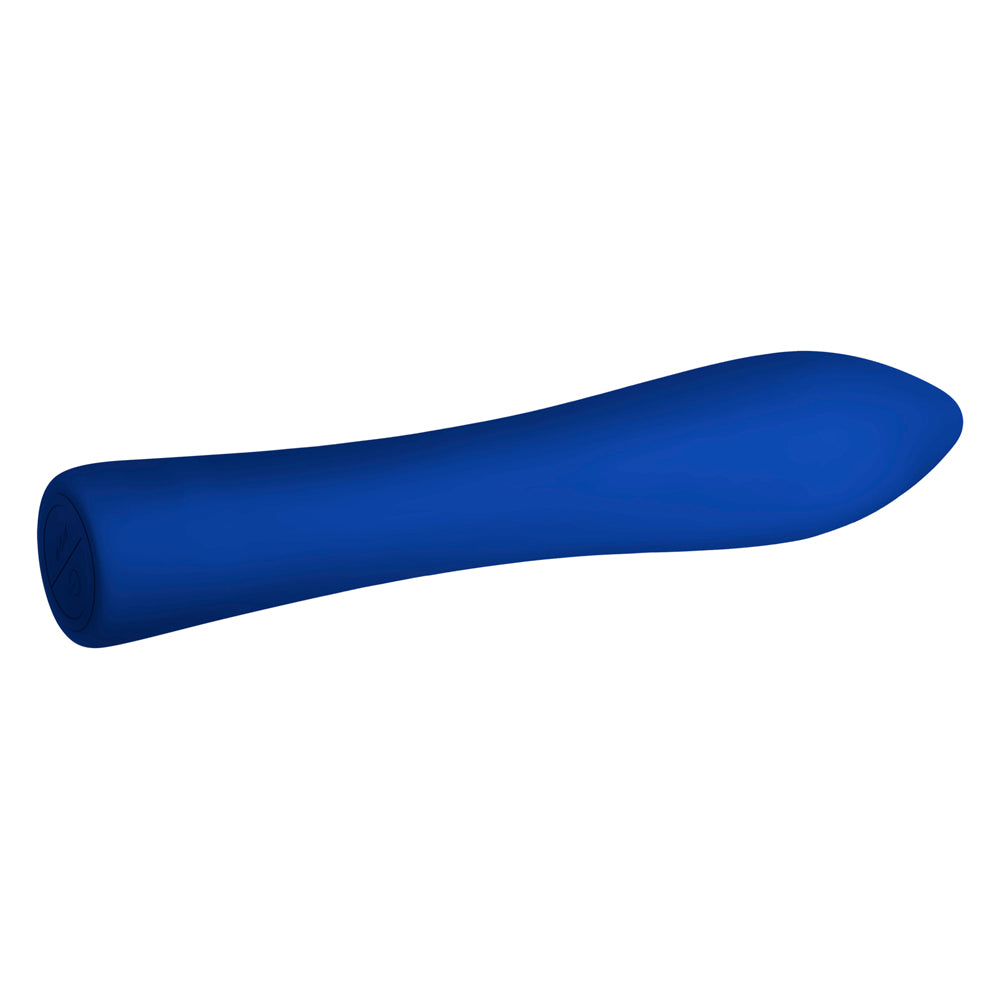 A blue, curved silicone vibrator with a tapered tip.