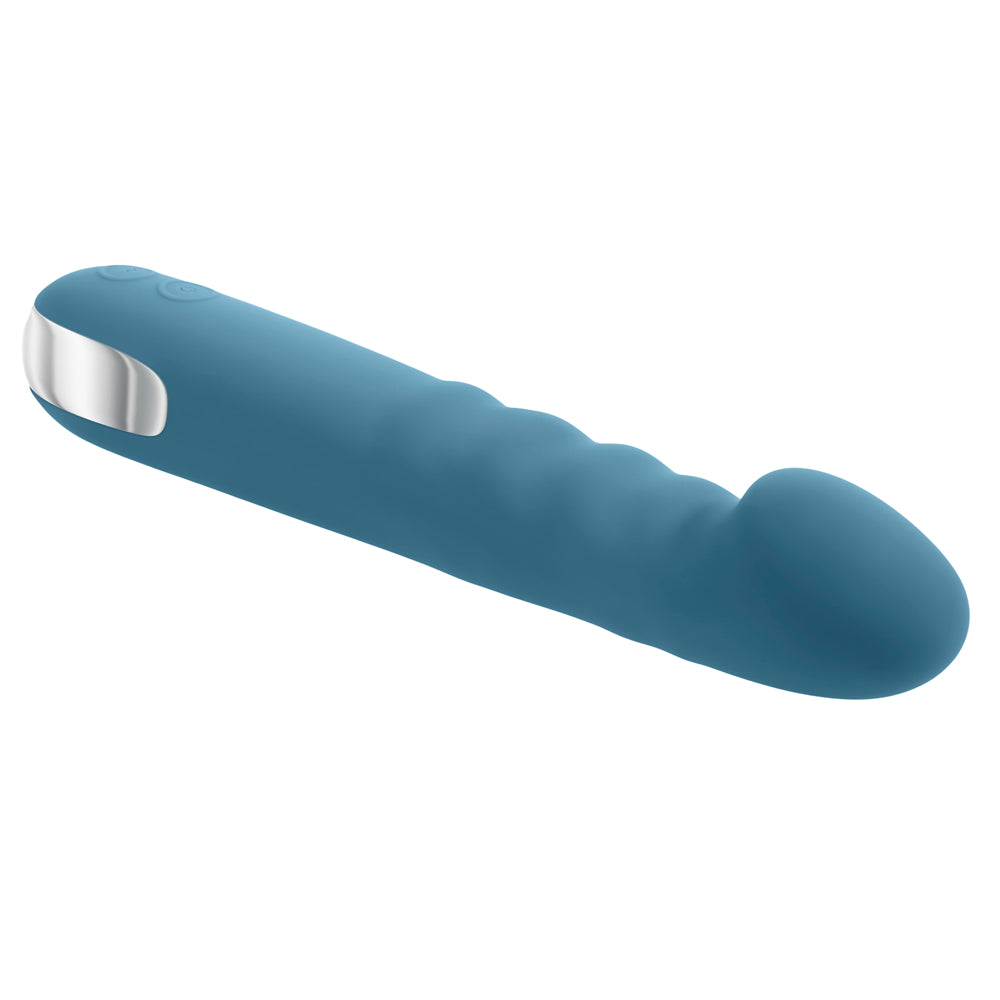 A blue silicone vibrator with a silver accent and textured body.