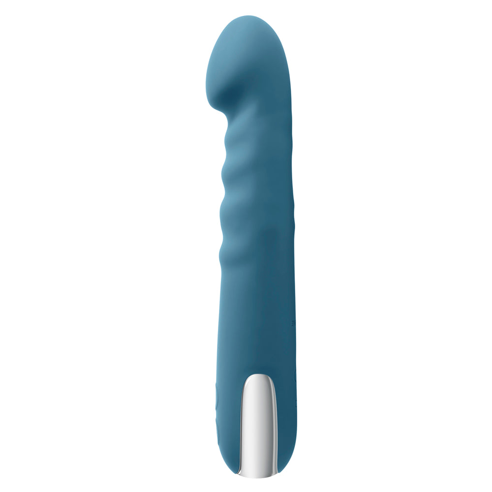 A blue silicone vibrator with a silver tip and textured grip.