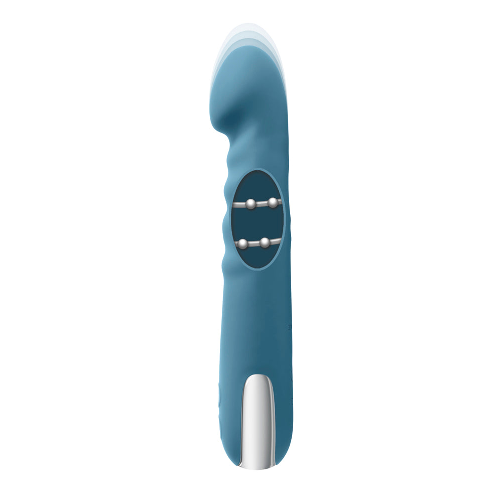 A blue silicone vibrator with rotating beads and a silver base.