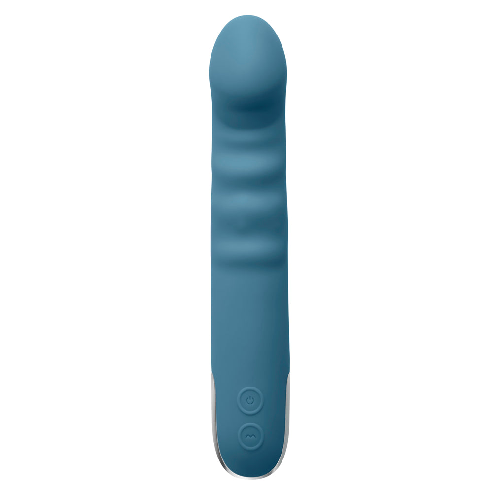 A blue silicone vibrator with ribbed texture and two control buttons.