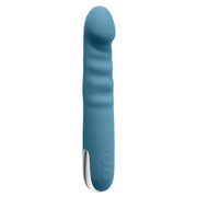 A blue silicone vibrator with a ribbed shaft and silver accents.
