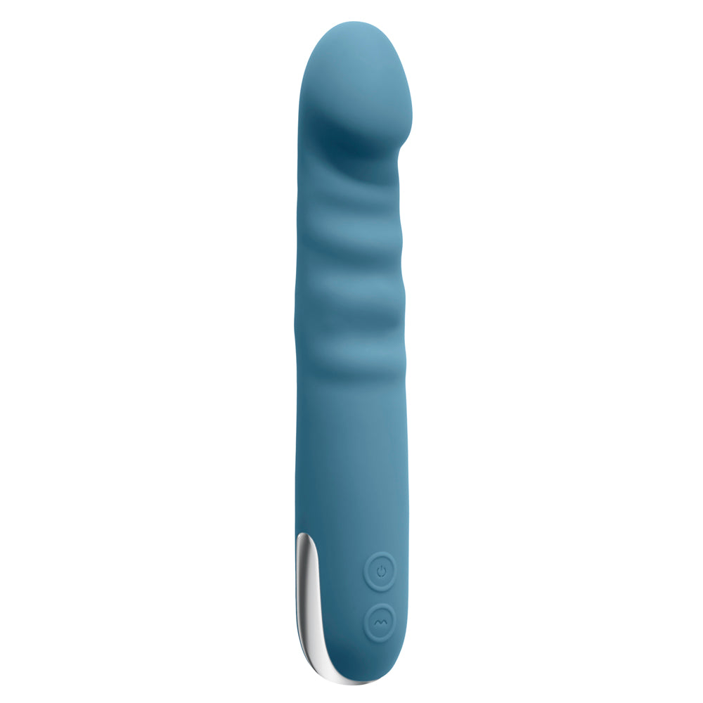 A blue silicone vibrator with a ribbed shaft and silver accents.