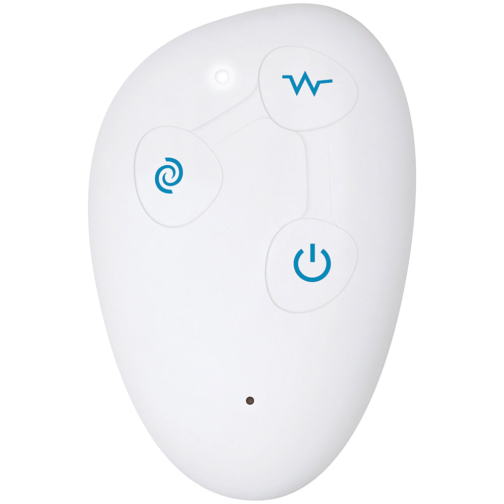 White remote control with power, rotation, and vibration symbols.