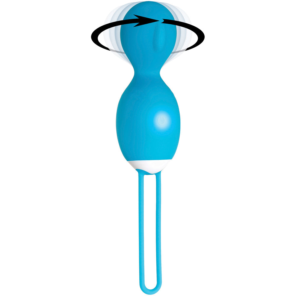 Blue rotating vibrating egg with a U-shaped handle and remote control.