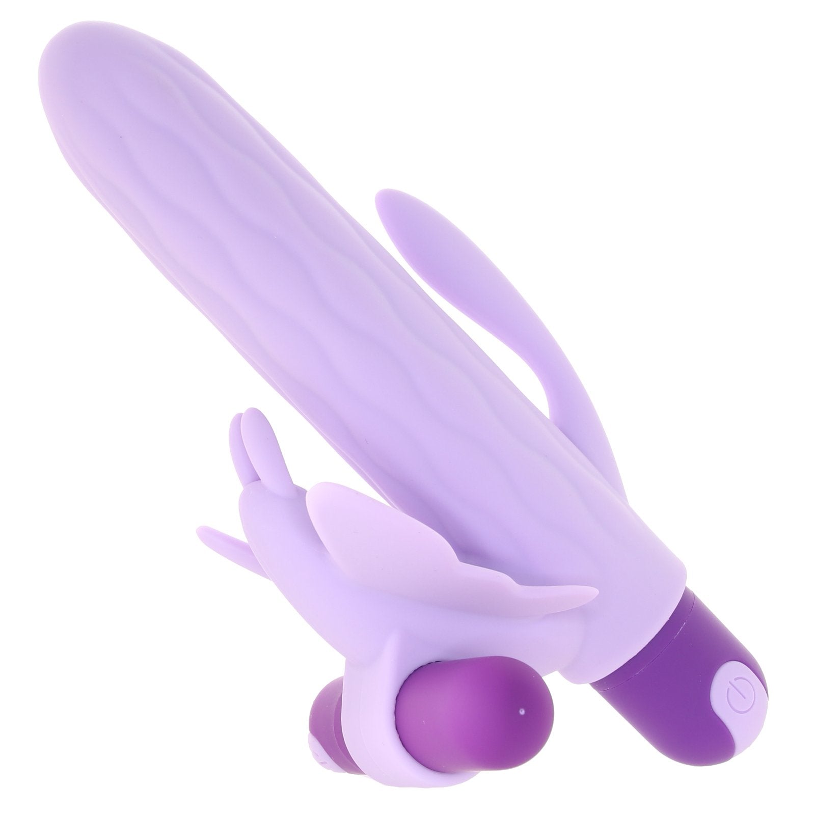 A purple vibrator with textured surface and bunny ear attachments.