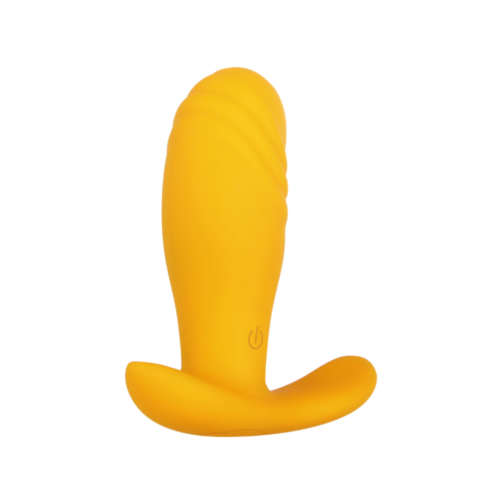 A bright orange silicone vibrator with a ribbed top and a power button.