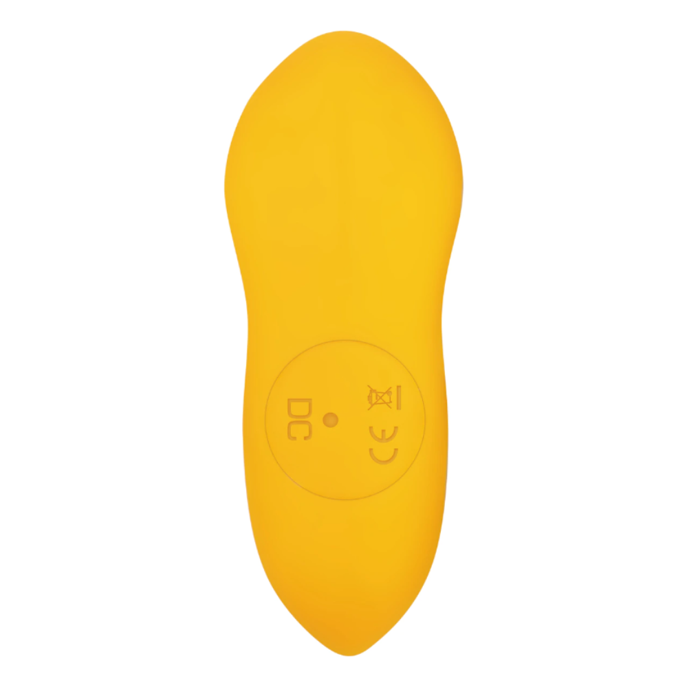 A yellow, pebble-shaped vibrator with DC and CE markings.