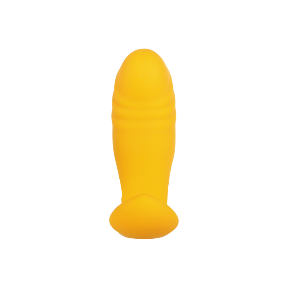 A yellow silicone vibrator with a ribbed top and a flared base.