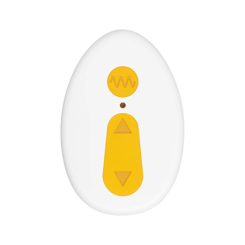 A white oval remote with yellow wave, dot, and arrow buttons.
