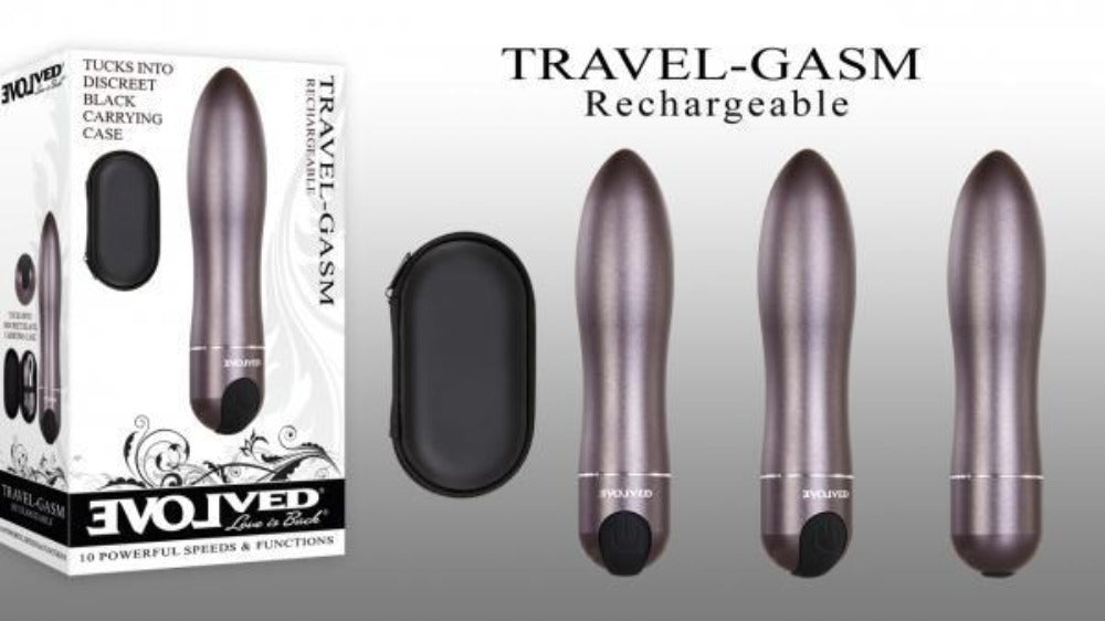 A rechargeable bullet vibrator in a gunmetal finish with a black carrying case.