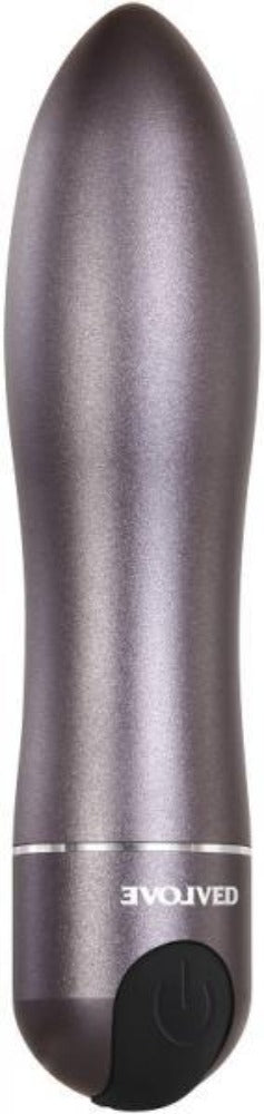 A gunmetal bullet vibrator with a power button and brand name.