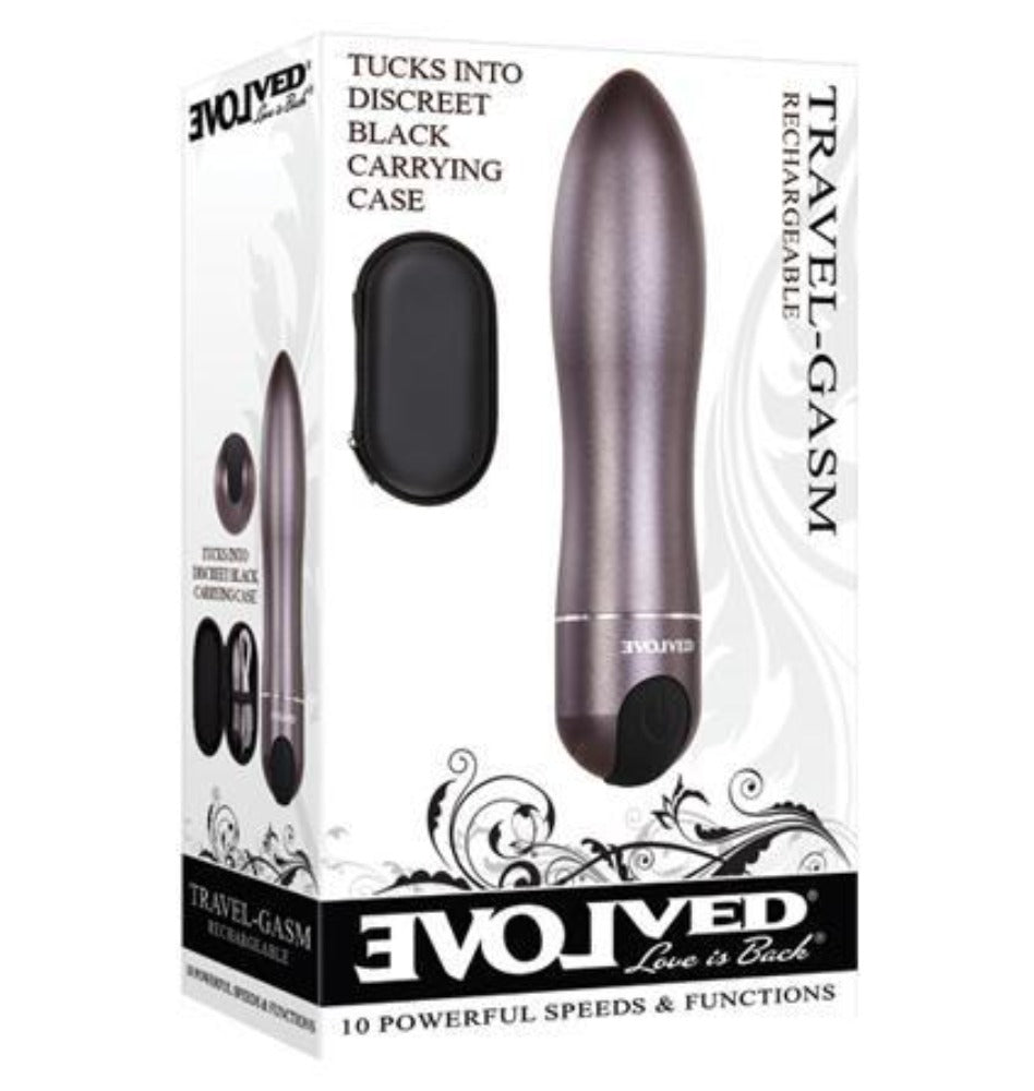 A gray bullet vibrator with a black carrying case.