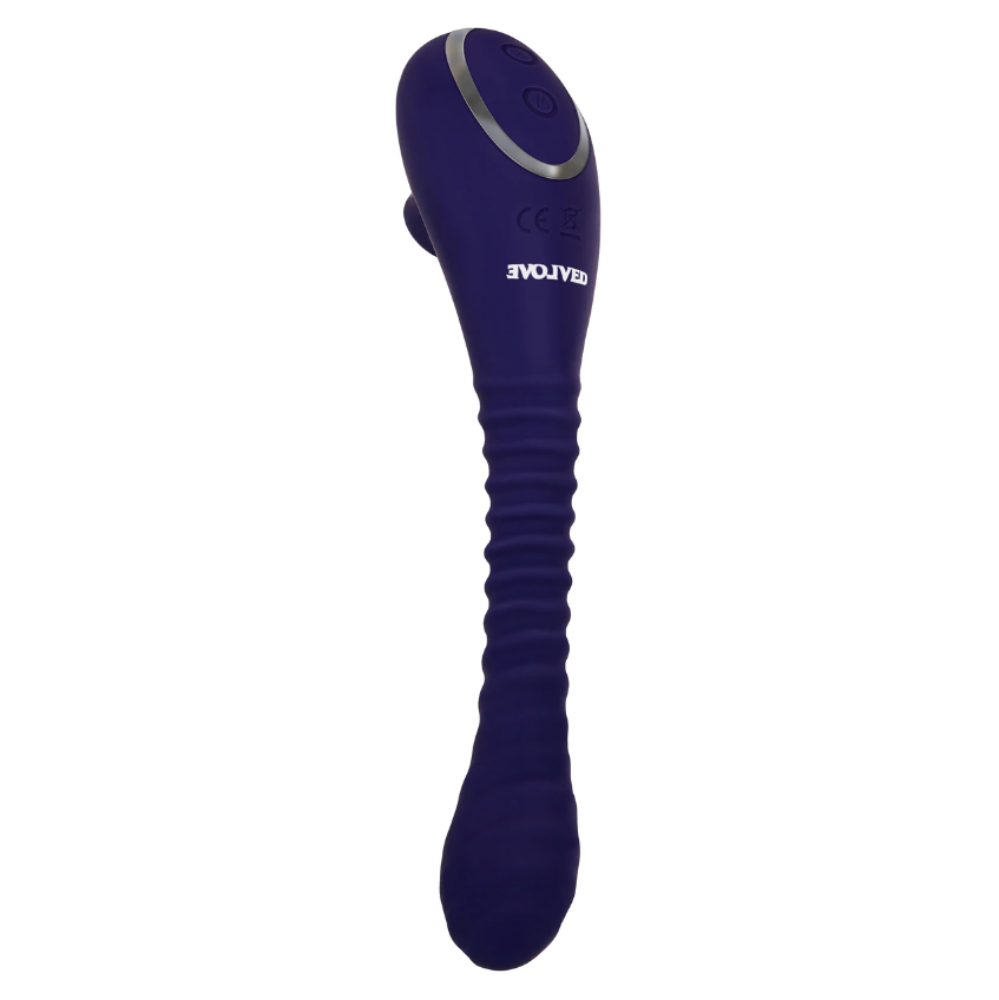 A purple silicone suction vibrator with a ribbed shaft and two control buttons.