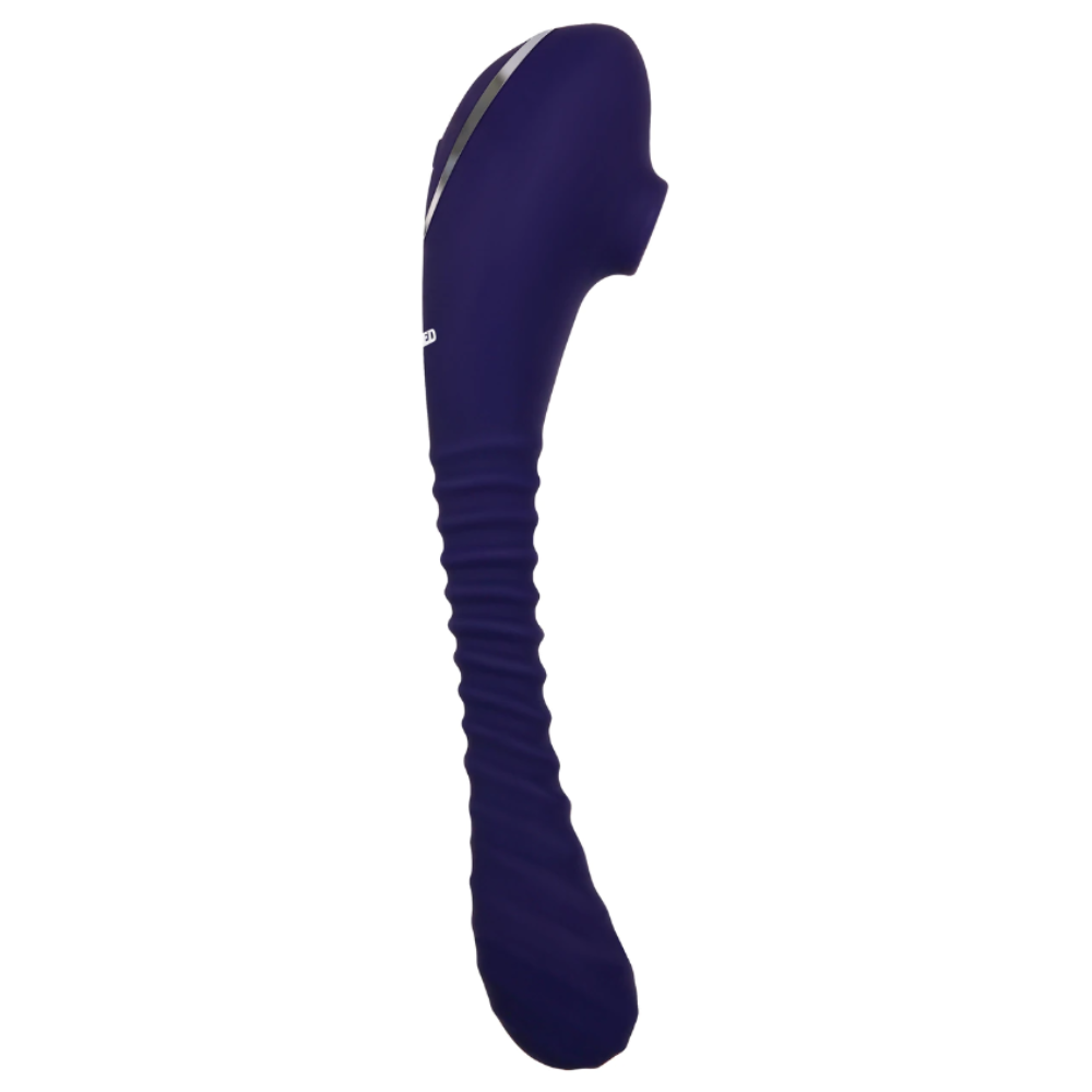 A purple silicone suction vibrator with a ribbed shaft.